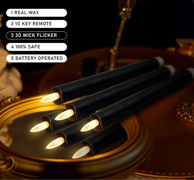 KSWING Upgraded Real Wax LED Flameless Black Taper Candles with Remote, 6 PCS Candlesticks Battery Operated 3D Flickering - 9.6" Long Realistic Fake Candle Sticks for Home/Wedding/Fireplace Xmas Decor - Image 4